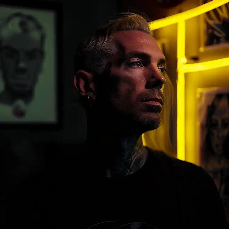 Porträt von Künstler Eddy, mit gelbem Neonlicht und stimmungsvoller Beleuchtung, zeigt ein modernes und künstlerisches Studio-Ambiente.