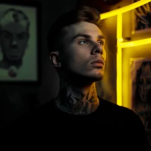 Porträt von Künstler Vasil, subtil beleuchtet, mit gelbem Neonlicht, das eine kreative und professionelle Umgebung unterstreicht.