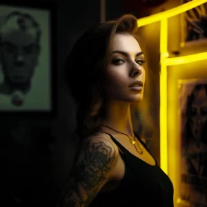 Porträt der Tattoo Künstlerin Elen, mit markanten Licht- und Schatteneffekten sowie einem gelben Neonlicht im Hintergrund, zeigt Professionalität und Kreativität
