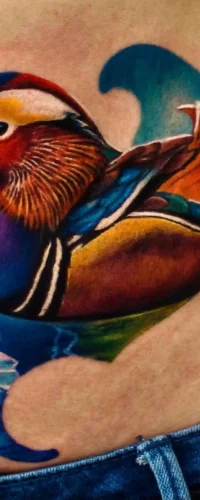 Ein Tattoo im Color Tattoo Style, das eine farbenfrohe Mandarinente mit lebhaften Blau-, Gelb- und Orangetönen darstellt.