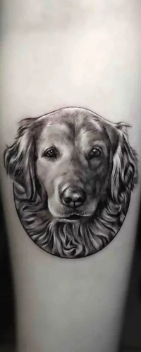 Eine Tätowierung im Realistic Tattoo Style, die das lebensechte Porträt eines Golden Retrievers mit weichem Fell und warmem Blick darstellt.